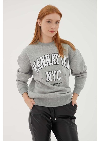 Bisiklet Yaka Baskılı Sweat Gri Melanj fırsatları