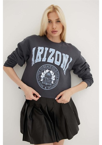 Baskılı Crop Sweat Antrasit