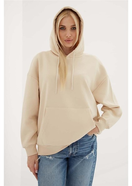 Kapüşonlu Kanguru Cepli Sweat Bej