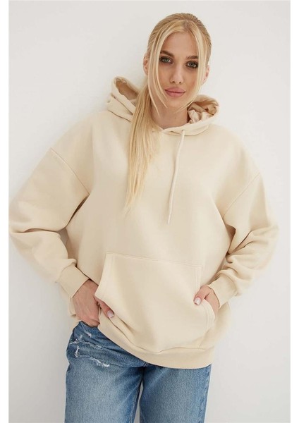 Kapüşonlu Kanguru Cepli Sweat Bej