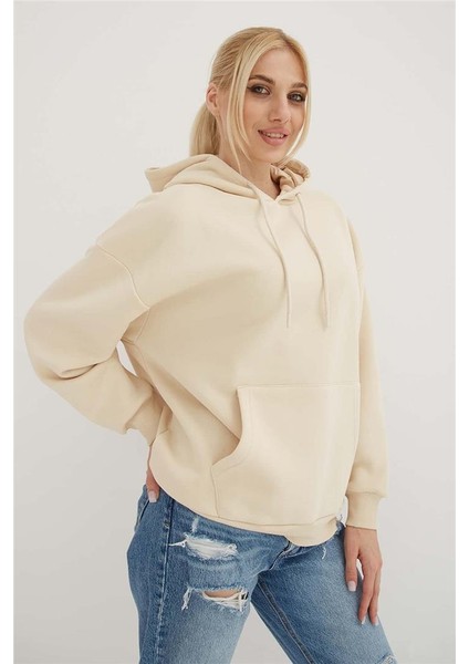 Kapüşonlu Kanguru Cepli Sweat Bej