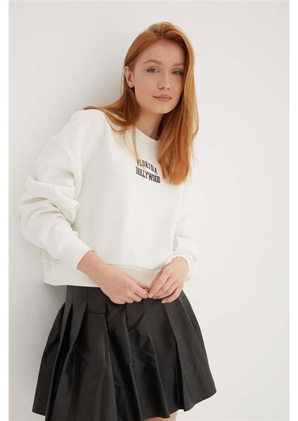 Nakışlı Crop Sweat Ekru