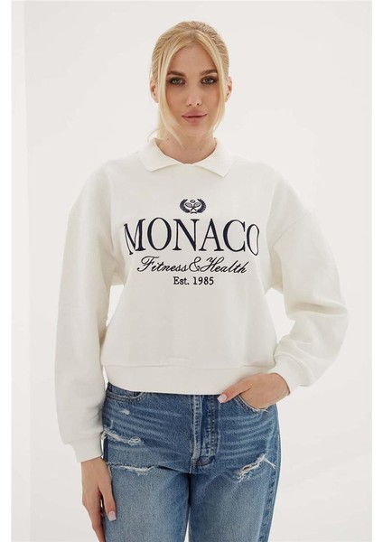 Polo Yaka Nakışlı Sweat Ekru