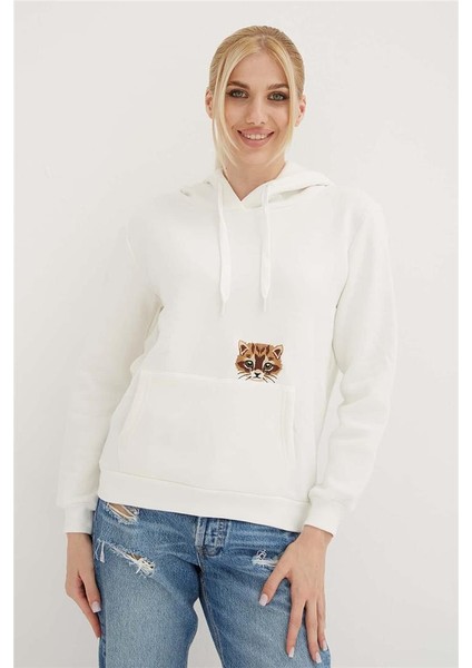 Kapüşonlu Nakış Detaylı Sweat Ekru