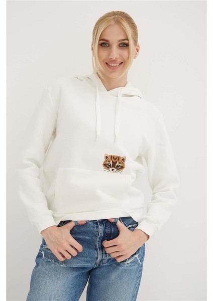 Kapüşonlu Nakış Detaylı Sweat Ekru fiyatları
