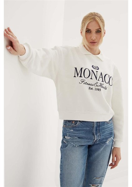 Polo Yaka Nakışlı Sweat Ekru fiyatları
