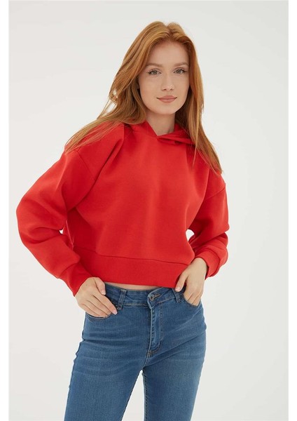 Kapüşonlu Crop Sweat Kırmızı