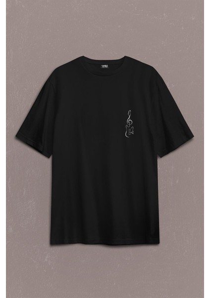 Sol Anahtarı Elektro Gitar Müzik Nota Metallica Sırt Ön Baskılı Oversize Tişört T-Shirt