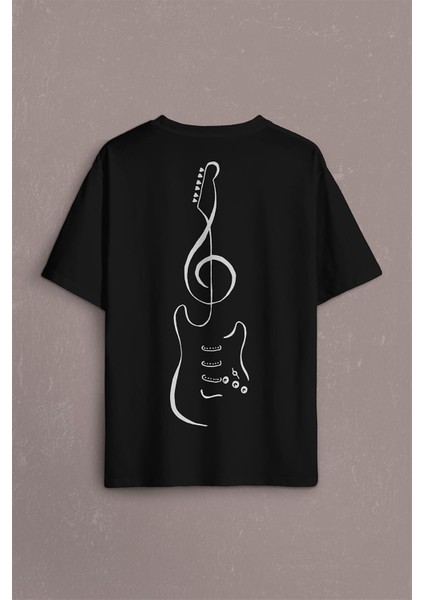 Sol Anahtarı Elektro Gitar Müzik Nota Metallica Sırt Ön Baskılı Oversize Tişört T-Shirt fiyatları