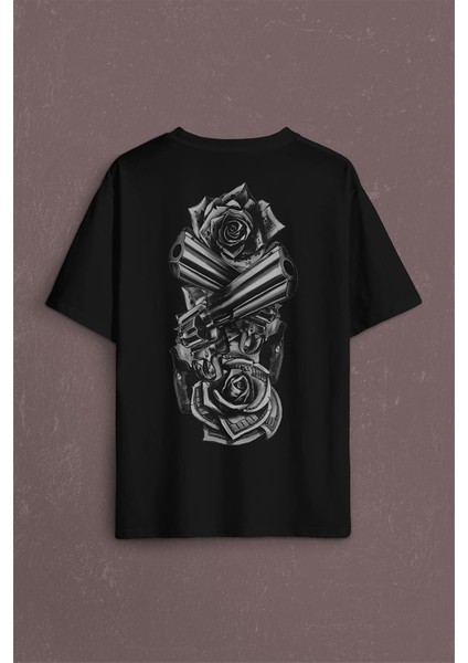 Smith Wesson Revolver Gungs Tabanca Gül Beyaz Sırt Ön Baskılı Oversize Tişört T-Shirt fiyatları