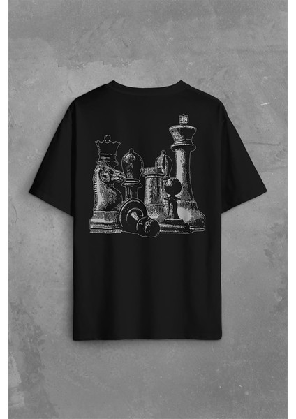 Chess Satranç Taşları Fil At Kale Vezir Santranç Sırt Ön Baskılı Oversize Tişört T-Shirt