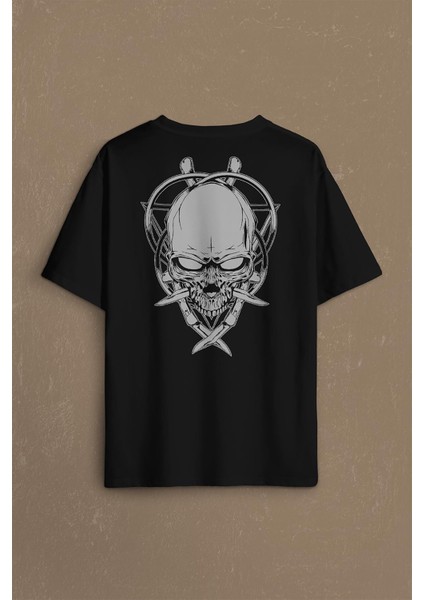 Skull Knife Illustration Kuru Kafa Bıçak Çakı Sırt Ön Baskılı Oversize Tişört T-Shirt fiyatları