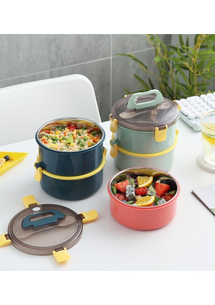 Bento 1600 ml Yuvarlak Lunchbox Yeni Koleksiyon Çift Katlı Çelik Sefer Tası Yemek Kutusu