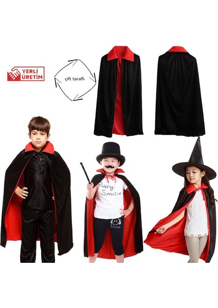 Kırmızı Siyah Renk 90 cm Çift Taraflı Halloween Cadılar Bayramı Pelerini 6-10 Yaş Arası Çocuk