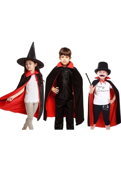 Kırmızı Siyah Renk 90 cm Çift Taraflı Halloween Cadılar Bayramı Pelerini 6-10 Yaş Arası Çocuk fiyatları