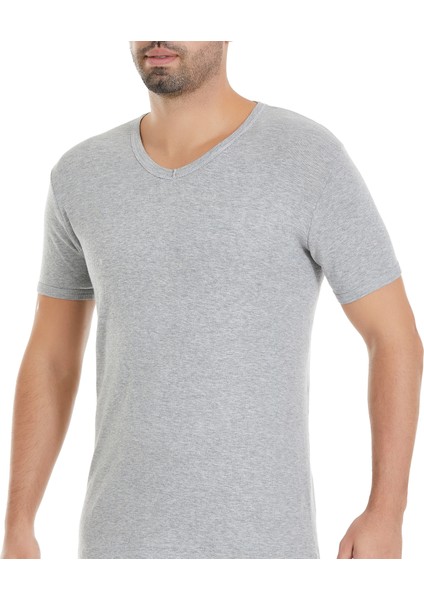 Erkek Gri 3'lü Paket V Yaka Ribana Tshirt