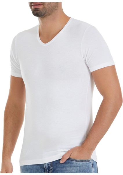 Erkek Beyaz 3'lü Paket V Yaka Bambu Tshirt