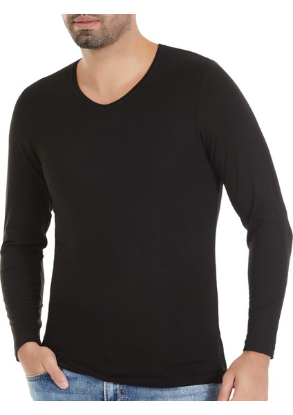 Erkek Siyah 3'lü Paket V Yaka Uzun Kol Bambu Tshirt