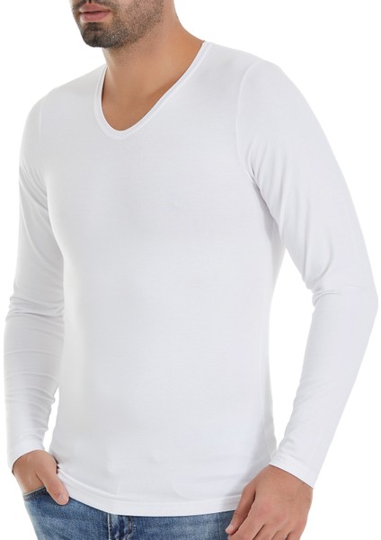 Erkek Beyaz 3'lü Paket V Yaka Uzun Kol Bambu Tshirt