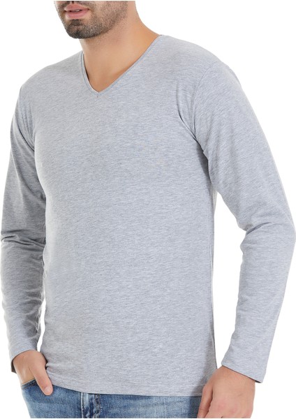 Erkek Gri 3'lü Paket V Yaka Uzun Kol Likralı Tshirt