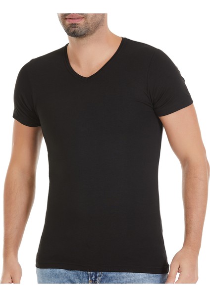 Erkek Siyah 3'lü Paket V Yaka Bambu Tshirt