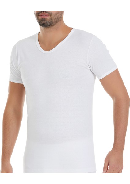 Erkek Beyaz 3'lü Paket V Yaka Ribana Tshirt