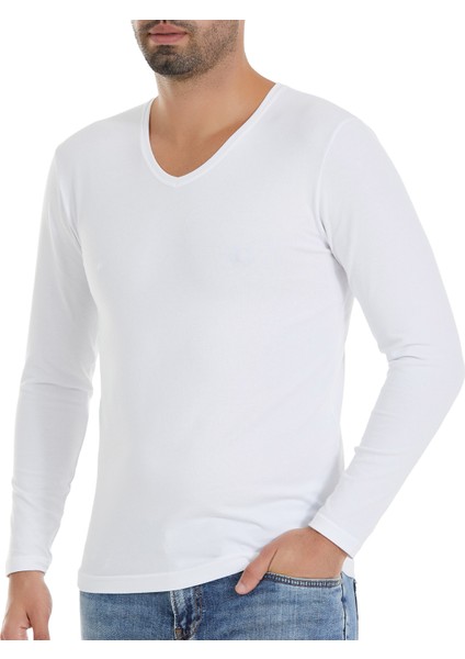 Erkek Beyaz 3'lü Paket V Yaka Uzun Kol Likralı Tshirt