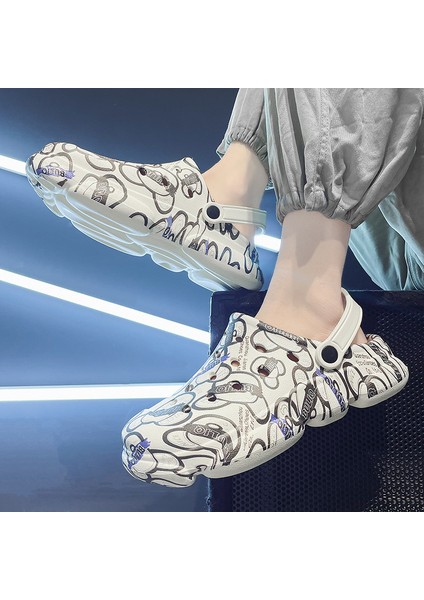 Yaz Yeni Erkek Baotou Delik Ayakkabı Trendy Moda Baskı Kaymaz Açık Tembel Plaj Sandalet (Yurt Dışından)