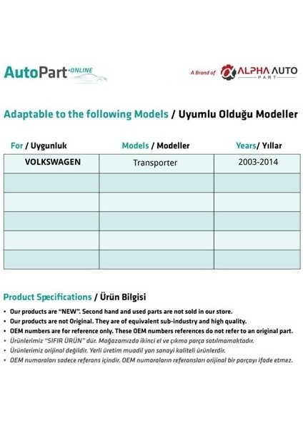 Volkswagen Transporter T5 Için Ön Cam Tamir Seti-Bütün Ayaklı-Sağ-Sol-Set