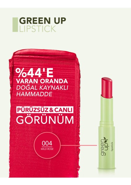 Green Up Vegan Formüllü Yoğun Renk Veren Nemlendirici Stick Ruj (004 Wild Rose) 4251903322195 modelleri