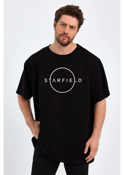 Starfield Baskılı Sıfır Yaka Oversize Tişört