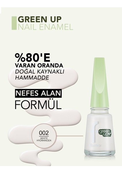 Green Up Vegan Formüllü Yoğun Renk Veren Parlak Oje (002 White Hydrangea) 4251903323994