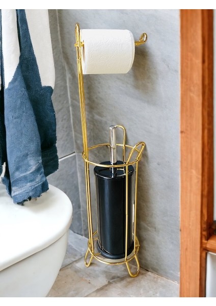 Şık Metal Gold Ayaklı Tuvalet Kağıtlığı Kağıtlık Paslanmaz Yedekli Tuvalet Kağıtlığı ve Wc Fırçalı Set