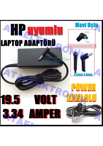 Ata Elektronik Hp Uyumlu Monitör Adaptörü M27F M22 M24F ADS-45PE-19-3 19540E 19.5V 1.28A Uyumlu 3.33 Amper Muadil Garantili 2 Yıl Ithalatçı Firma Garantili  Mavi Uç