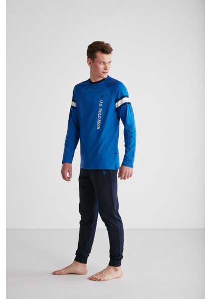 Erkek Saks Yuvarlak Yaka Pijama Takımı 18732