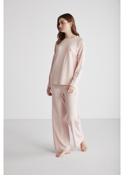 Kadın Pembe Melanj Yuvarlak Yaka Pijama Takımı 16954