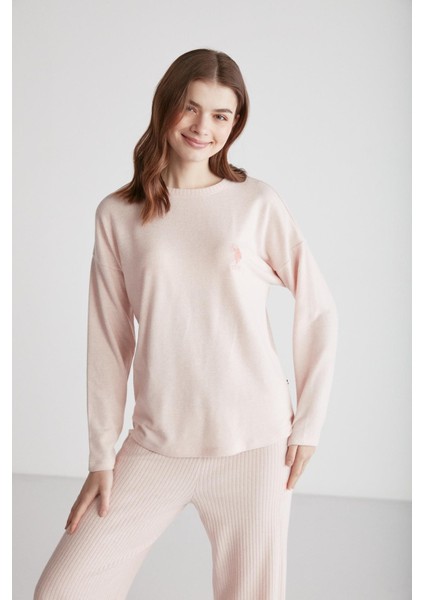 Kadın Pembe Melanj Yuvarlak Yaka Pijama Takımı 16954
