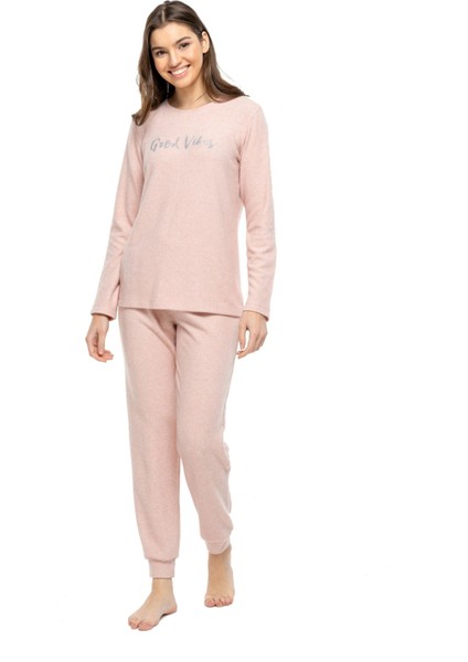 - Kadın Pembe Melanj Yuvarlak Yaka Viskonlu Pijama Takımı 3981