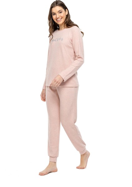 - Kadın Pembe Melanj Yuvarlak Yaka Viskonlu Pijama Takımı 3981
