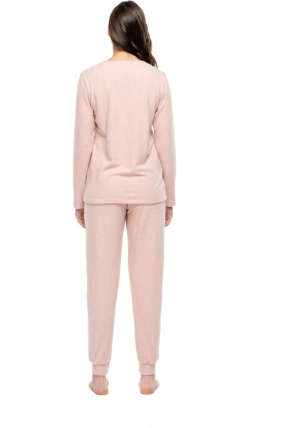 - Kadın Pembe Melanj Yuvarlak Yaka Viskonlu Pijama Takımı 3981