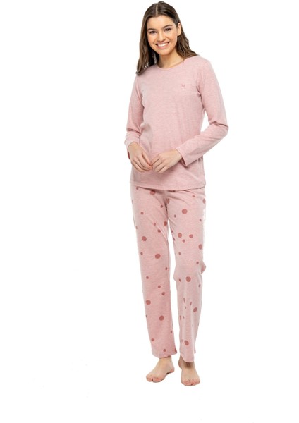 - Kadın Pembe Melanj Yuvarlak Yaka Pijama Takımı 3993