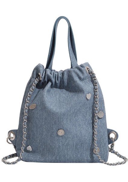 Rahat Sırt Kadın Moda Denim Taşınabilir Kova Zincir Küçük Sırt Çantası (Yurt Dışından)