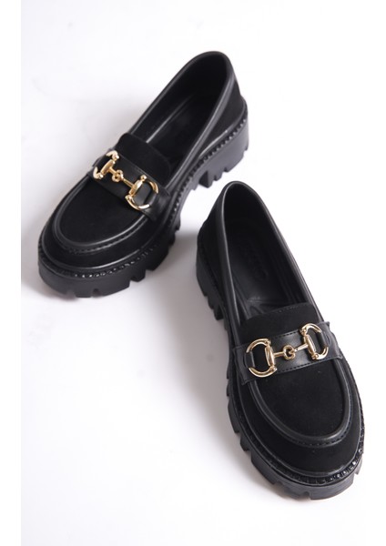 MB1170-S Kalın Taban Lüx Süet Tokalı Siyah Kadın Kolej Loafer fiyatları