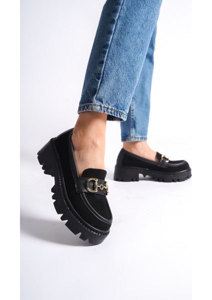 MB1170-S Kalın Taban Lüx Süet Tokalı Siyah Kadın Kolej Loafer modelleri