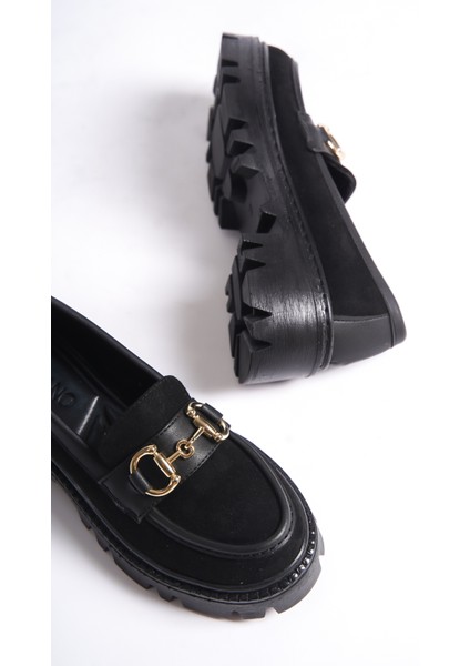 MB1170-S Kalın Taban Lüx Süet Tokalı Siyah Kadın Kolej Loafer fırsatları