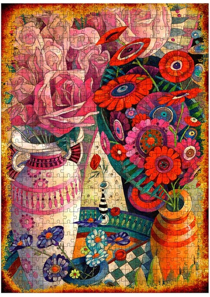 Ahşap Mdf Puzzle Yapboz Pembe Gül ve Renkli Çiçekler 500 Parça 50*70 cm