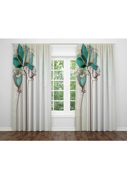 Çiçek Temalı Dijital Baskı Çift Kanat Fon Perde 140X240