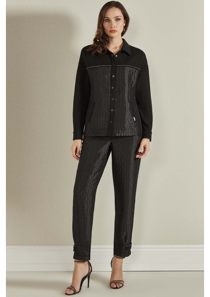 Kapitone Garnili Siyah Örme Pantolon