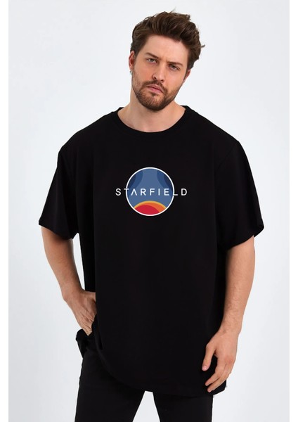 Starfield Baskılı Sıfır Yaka Oversize Tişört