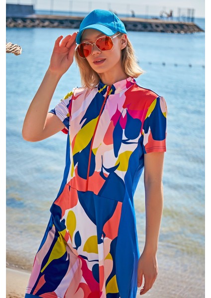 Desenli Saks Taytlı Yarı Kapalı Mayo M2371